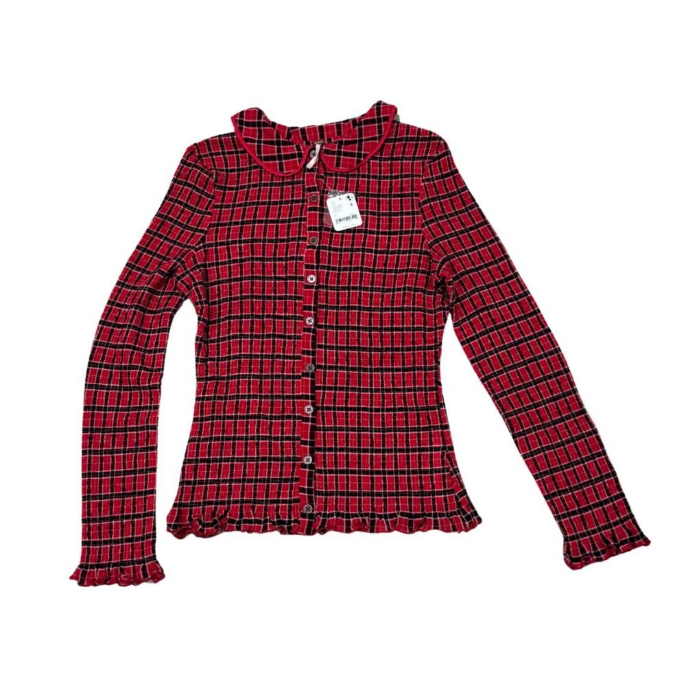 Free People Caught A Feeling Plaid Cardi Smocked Button Front Blouse NWT [L]